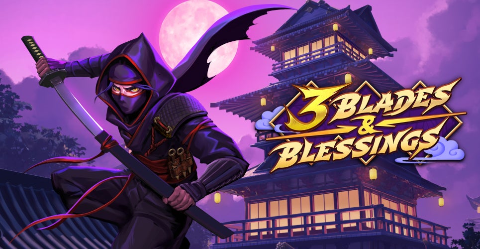 3 Blades and Blessings — An epic ninja adventure slot game featuring golden chests, coloured coins, and ancient legends